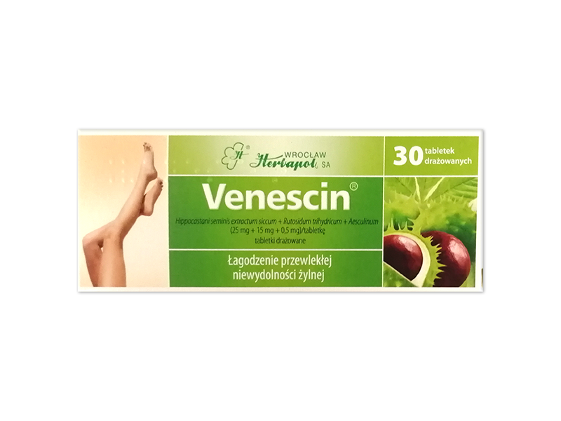 Venescin, drażetki, 25mg+15mg+0,5mg