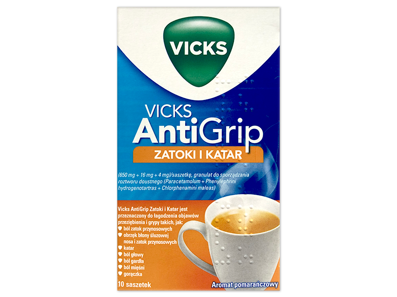 Vicks AntiGrip Zatoki i Katar, saszetki, 650 mg+16 mg+4 mg