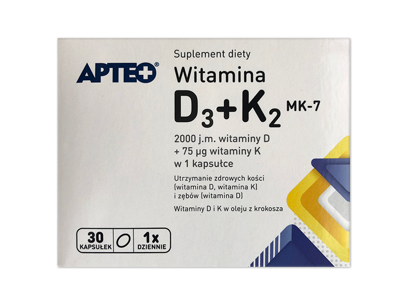 Apteo Witamina D3+K2 MK-7, kapsułki, 2000 j.m.+75mcg